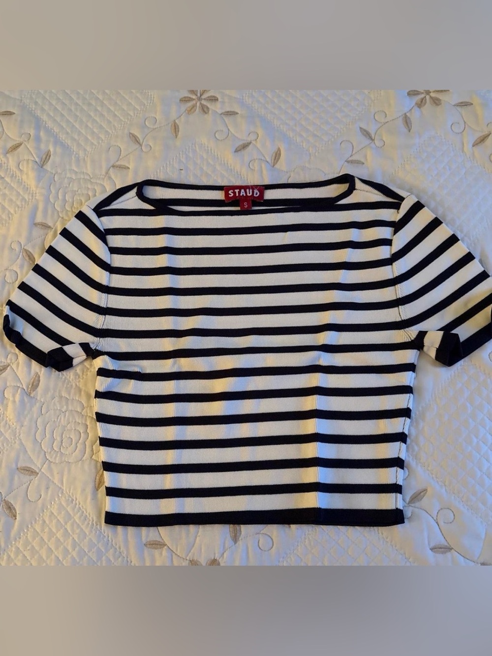 STAUD Navy & White Stripe Short Sleeve Knit Top